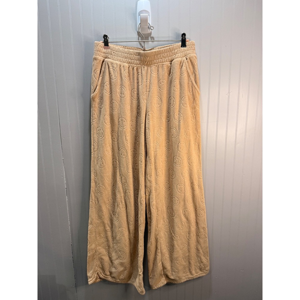OFFLINE by Aerie Smiley Face Embossed Wide Leg Lounge Pants Tan Beige Small